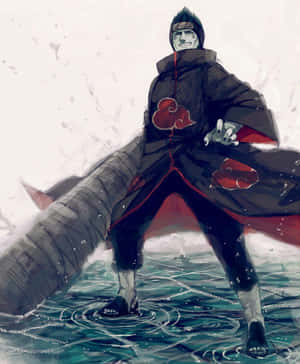 身穿帶有紅雲的黑色斗篷的動漫角色站在水中，手持一條巨蛇。 — Apple Watch Ultra 壁紙