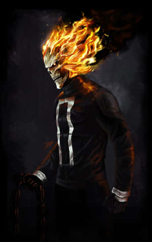 Ghost Rider 在黑暗場景中，擁有燃燒的骷髏頭和鎖鏈武器。 — 幽靈 壁紙