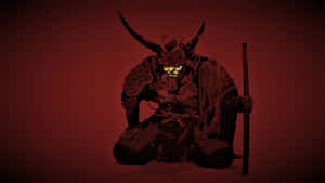 一個身穿暗色盔甲、眼睛發光的武士，跪著手持劍，背景是紅色。 — 武士 壁紙