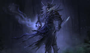 一個在夜晚迷霧森林中手持發光頭骨和劍的黑暗奇幻戰士。 — 武士 壁紙