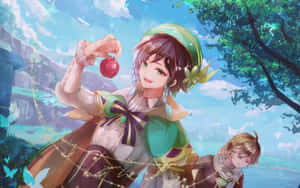 動漫女孩在陽光明媚的森林中拿著紅蘋果，有同伴 — 蒸氣波 GIF 壁紙