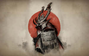 身穿精細盔甲的武士，在風格化插圖中背後有一輪紅日。 — MacBook Air M1 壁紙