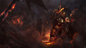 惡魔戰士手持火焰鐮刀站在火山戰場上。 — 現代戰爭 壁紙
