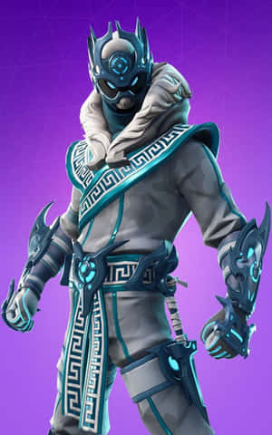 Fortnite 角色身穿藍灰色盔甲，帶有發光細節，背景為紫色 — Infinix Xpad 20 壁紙