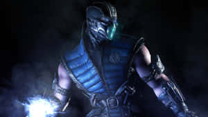 身穿藍色盔甲的Mortal Kombat角色，手持發光能量拳頭。 — 真人快打11 壁紙