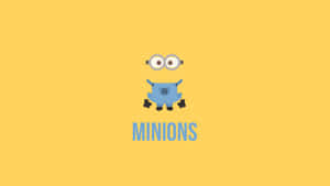 一個卡通Minion角色，身穿藍色工裝褲和護目鏡，背景為黃色，帶有MINIONS字樣。 — 迷你兵團 壁紙
