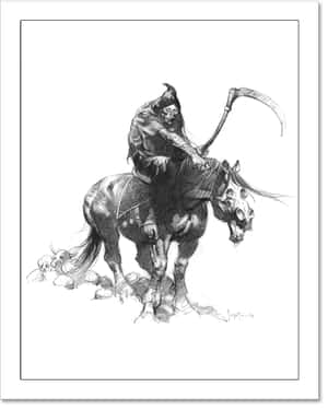 騎馬的骷髏死神，手持鐮刀，散落頭骨。 — 恐怖 壁紙