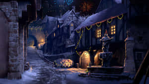 白雪覆蓋的中世紀村莊街道，夜晚有節日燈光和煙火。