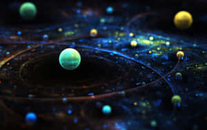 發光的行星在色彩繽紛的宇宙星雲中運行，帶有旋轉的能量軌跡。 — 太空美學 GIF 壁紙