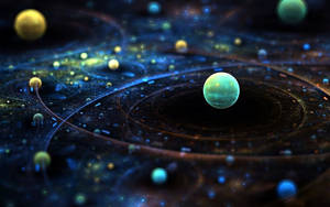 發光的行星在充滿活力的宇宙星雲中運行，帶有漩渦的藍色和金色能量。 — 太空 壁紙