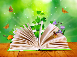 打開的書，蝴蝶、花朵和樹葉從書頁中冒出，在木質表面上。