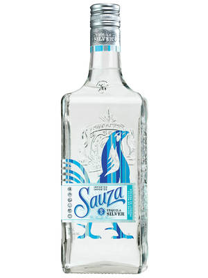 帶有藍白標籤的Sauza Tequila Silver瓶 — 銀色 壁紙