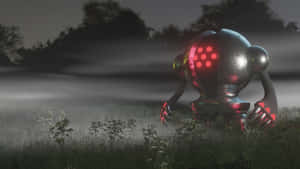 一個發光的紅眼機械人在夜間跪在霧氣瀰漫的田野上。 — 森林景色 壁紙
