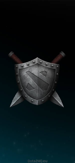 Dota 2盾牌與劍標誌在深藍綠色背景上發光 — Galaxy S22 Ultra 壁紙
