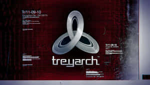 Treyarch標誌在帶有滾動代碼和機密文件的紅色數位螢幕上。 — 昏暗 壁紙