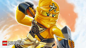 金色LEGO Ninjago忍者揮舞武器，背景是火熱的天空。 — 動漫打鬥 壁紙