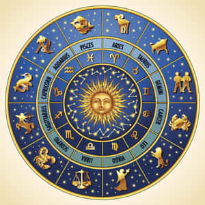 黃道輪，帶有金色符號和星座，圍繞太陽臉孔。 — 星座 壁紙