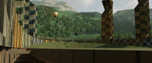 魁地奇球場，金色飛賊和棋盤格球門柱，背景為山脈 — 霍格華茲 GIF 壁紙