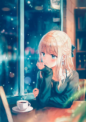 金髮動漫女孩在雪夜窗邊喝咖啡，夜晚舒適咖啡館。 — 可愛卡通 壁紙