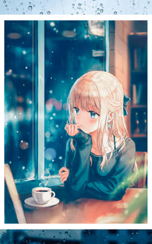 金髮動漫女孩在舒適的咖啡館裏，在雪窗前喝咖啡。 — Honor Pad 壁紙