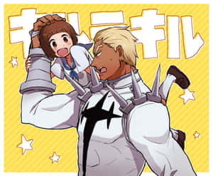 動漫男孩抱起穿著水手服的動漫女孩，背景有星星和粗體文字。 — 斬！赤紅之瞳 GIF 壁紙