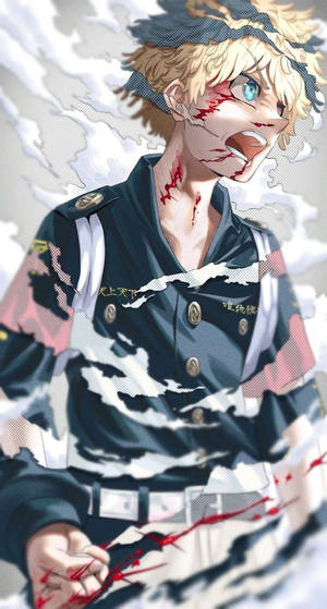 金髮動漫士兵滿臉鮮血在戰鬥中尖叫。 — 古勒比加 壁紙