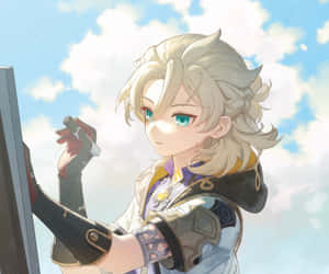 動漫角色喺晴朗嘅天空下畫畫，天空有蓬鬆嘅雲。 — 原神 壁紙