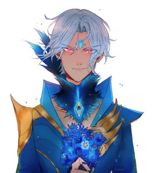 銀髮粉紅眼的動漫角色，穿著藍金服裝手持藍花。 — Galaxy Z Fold 6 壁紙