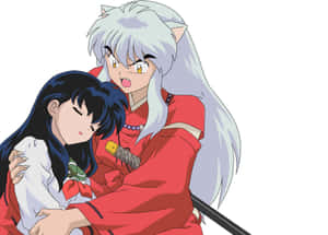 銀髮持劍的動漫惡魔輕輕抱著一個穿著紅色和服的睡著女孩。 — 火之神神樂 壁紙