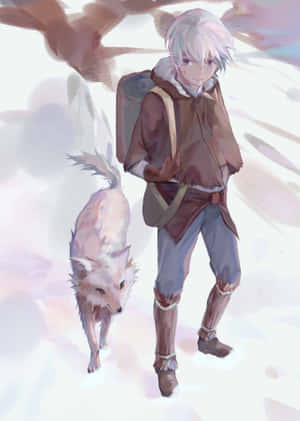 背著背包的動漫男孩在雪景中與白狐狸同行。 — OnePlus Pad 壁紙