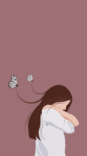 女孩將臉藏起，蝴蝶從頭髮中飛出，紫紅色背景 — 可愛少女風gif 壁紙