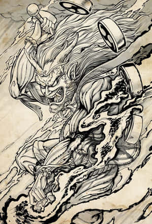 兇猛惡魔戰士在動態黑白墨水插圖中揮舞錘子。 — 武士Champloo 壁紙