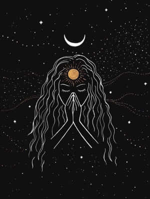 一個長髮的人在彎月和星星下祈禱，額頭上有金色的太陽圓盤。 — 靈性動態圖 壁紙