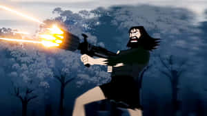 動漫戰士在雪林中於黃昏發射發光武器。 — 鬼滅之刃 善逸 壁紙