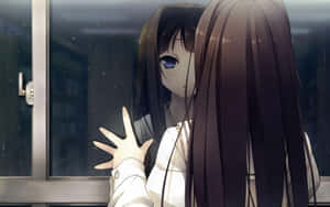 長黑髮的動漫女孩看著雨點濺灑的窗外，手放在玻璃上。 — Steam Deck 壁紙