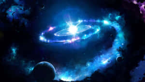 一個發光的藍色螺旋星系，在繁星點點的宇宙場景中漂浮著行星。