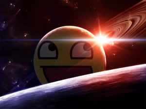 一個微笑嘅表情符號喺太空漂浮，附近有個發光嘅行星同一個有環嘅世界。 — Awesome GIF 壁紙