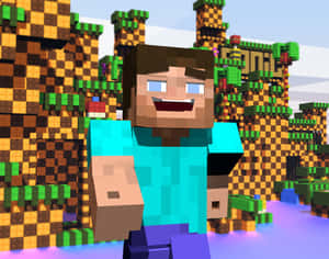 Minecraft Steve在一個有發光水的方塊森林中微笑。