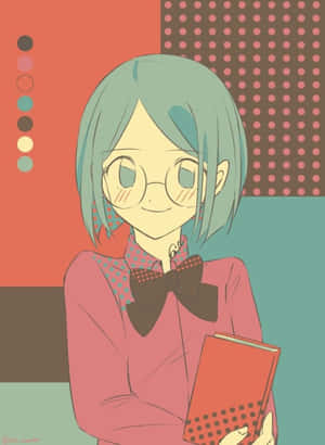 戴眼鏡的動漫女孩在色彩繽紛的幾何背景前拿著一本紅色書。 — Kindle 壁紙