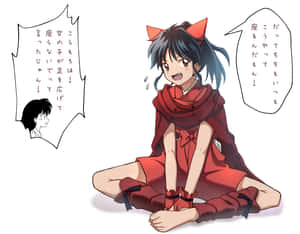 有狐狸耳朵和紅色服裝的動漫女孩坐著與一個Q版角色說話。 — 東京喰種角色 壁紙