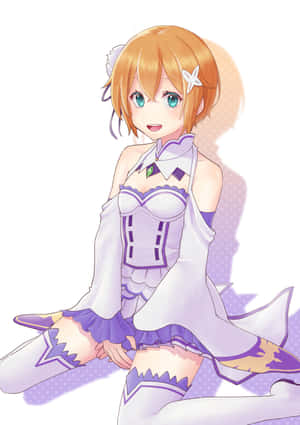 橙色頭髮藍色眼睛的動漫女孩，穿著紫色和白色衣服坐著。 — 低飽和度 壁紙