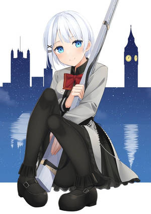 白髮動漫女孩持劍，背景為夜晚城市天際線及鐘樓。 — 狙擊手 壁紙