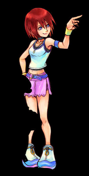 紅髮動漫女孩穿著色彩繽紛的服裝指向前面。 — Pixel Fold 壁紙