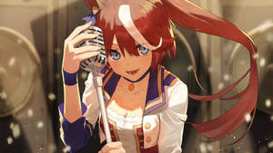 紅髮動漫女孩在舞台上對著復古咪高峰唱歌。 — Himiko toga GIF 壁紙