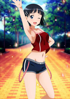 動漫女孩在黃昏時分的磚路上揮手，身後有發光的樹木。 — 宿儺 壁紙