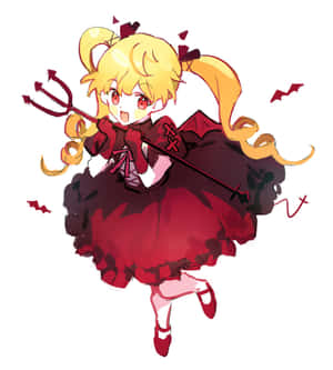 穿著紅色惡魔服裝的動漫女孩，手持三叉戟，蝙蝠在她周圍飛舞。 — Oppo Find N5 壁紙