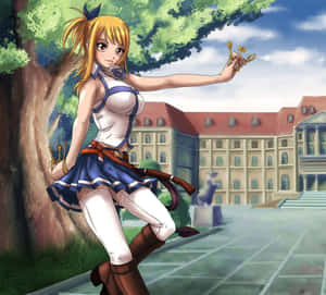 動漫女孩在校舍前拿著金色鑰匙。 — 妖精垃圾搖滾 壁紙