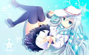 動漫女孩穿著冬季服裝，在冰藍色背景上被雪花環繞 — 1920x1200 壁紙