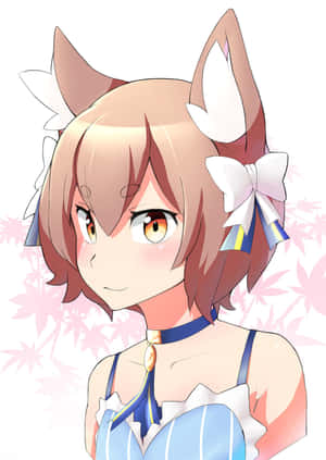 動漫女孩長著狐狸耳朵和蝴蝶結，身後有粉紅色楓葉微笑。 — iPad 第10代 壁紙