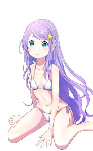 紫色頭髮和星星髮夾的動漫女孩穿著白色比基尼。 — 小米Pad Mini 壁紙